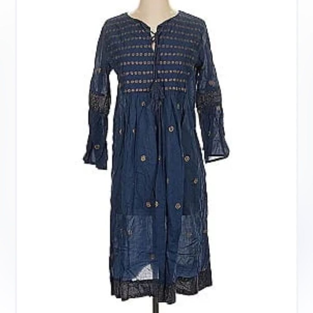Cost Plus World Market Blue Tunic with Gold Embroidery